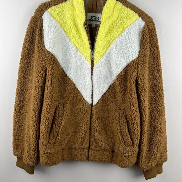 UGG Women’s Sherpa Fleece Jacket XS Brown White Yellow Retro Full Zip Teddy Coat - Picture 1 of 6